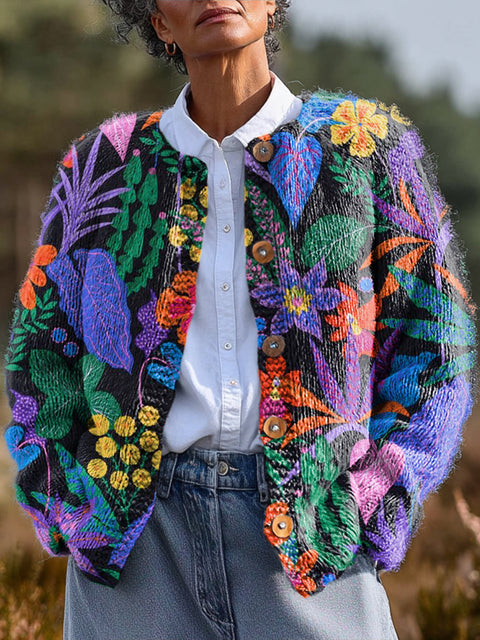 Beautiful Colorful Flowers and Leaves Painting Art Print Buttoned Cardigan Sweater