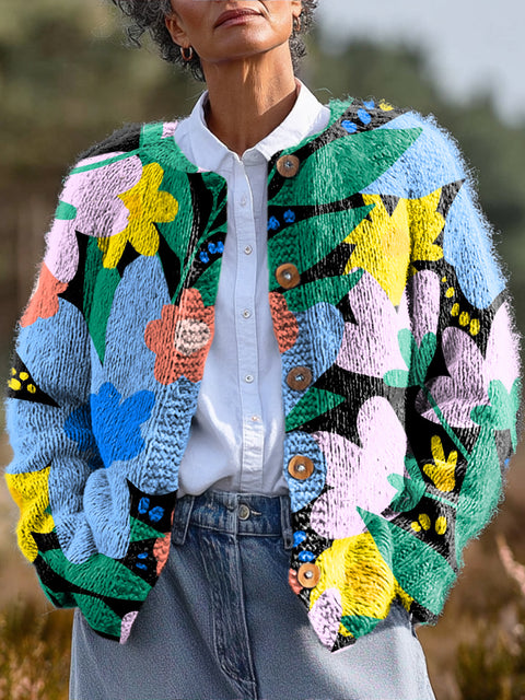 Beautiful Colorful Flowers And Leaves Painting Art Print Buttoned Cardigan Sweater