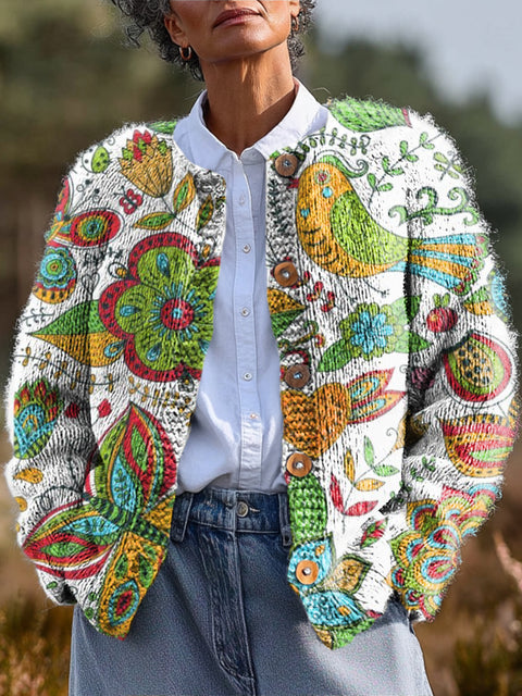 Abstract Colorful Flowers And Birds Painting Art Print Buttoned Cardigan Sweater