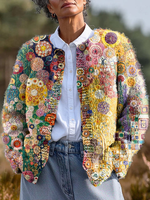 Colorful Abstract Circular Geometric Painting Art Print Buttoned Cardigan Sweater