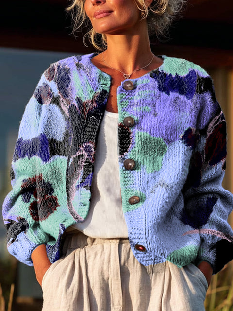 Abstract Floral Painting Art Print Buttoned Cardigan Sweater