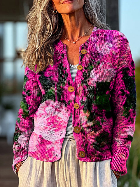 Bright Large Flower Painting Art Print Buttoned Cardigan Sweater