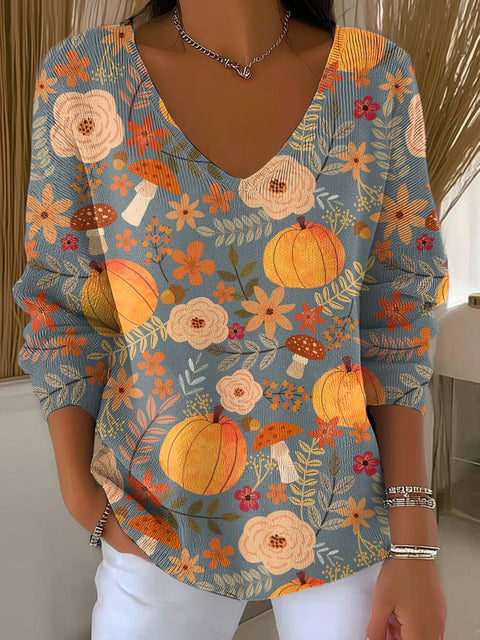 Women's Floral Pumpkin Painting Art Print Casual Pullover Sweater