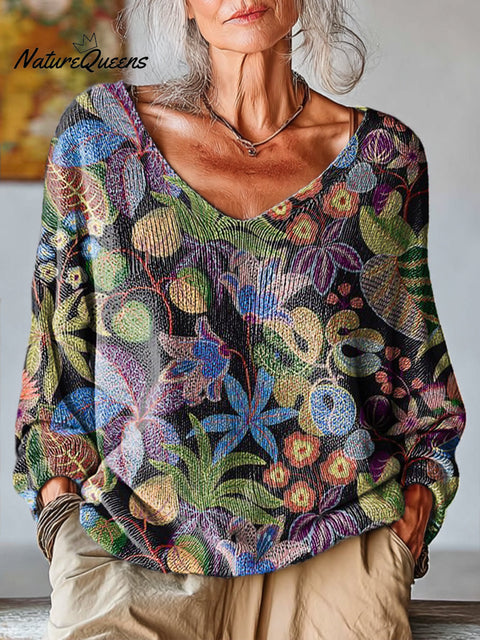 Women's Abstract Beautiful Flowers and Leaves Painting Art Print Casual Pullover Sweater