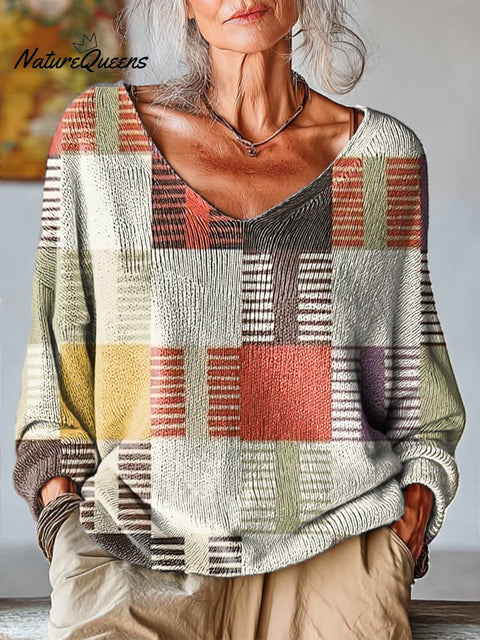 Women's Multicolor Geometric Check Art Print Casual Pullover Sweater
