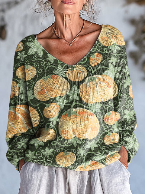 Women's Cute Pumpkin Drawing Art Print Casual Pullover Sweater