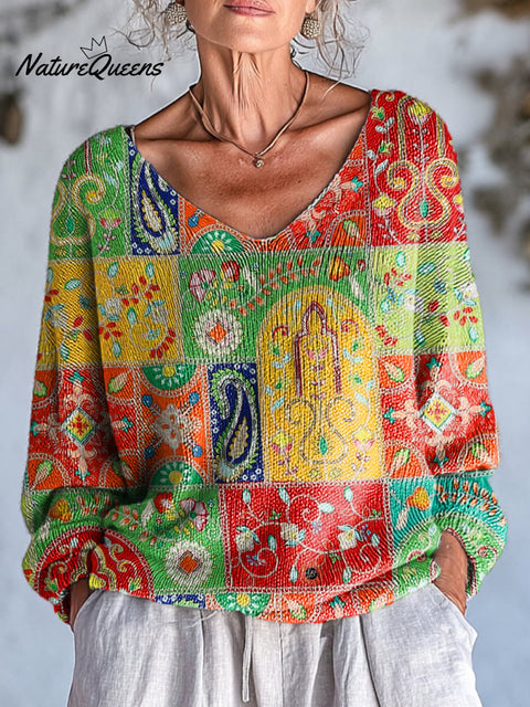 Women's Ethnic Colorful Paisley Art Print Casual Pullover Sweater