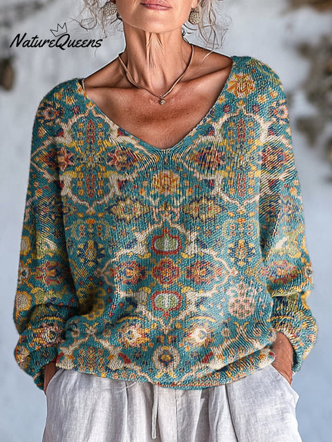Women's Ethnic Diamond Geometric Floral Painting Art Print Casual Pullover Sweater