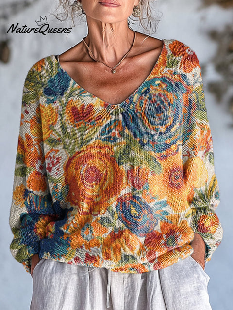 Women's Beautiful Large Flower Painting Art Print Casual Pullover Sweater