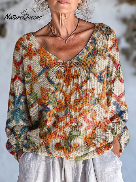 Women's Beautiful Ethnic Floral Geometric Painting Art Print Casual Pullover Sweater