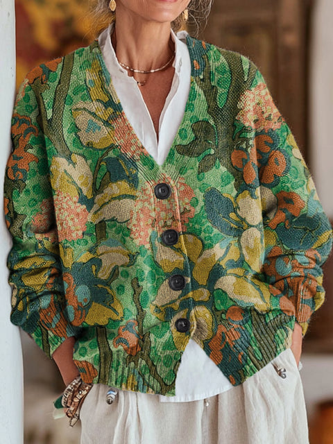 Beautiful Ethnic Floral Painting Art Print Buttoned V-neck Cardigan Sweater
