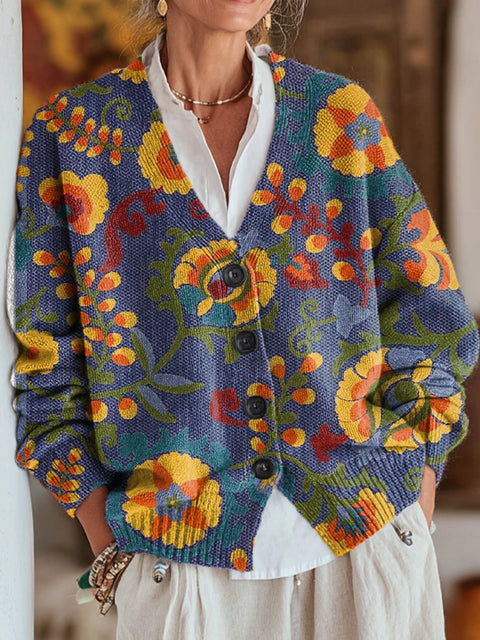 Beautiful Ethnic Geometric Floral Painting Art Print Buttoned V-neck Cardigan Sweater