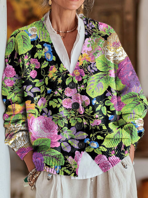 Beautiful Colorful Flowers And Leaves Painting Art Print Buttoned V-neck Cardigan Sweater