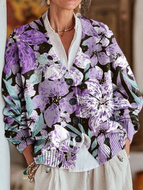 Beautiful Large Flower Painting Art Print Buttoned V-neck Cardigan Sweater