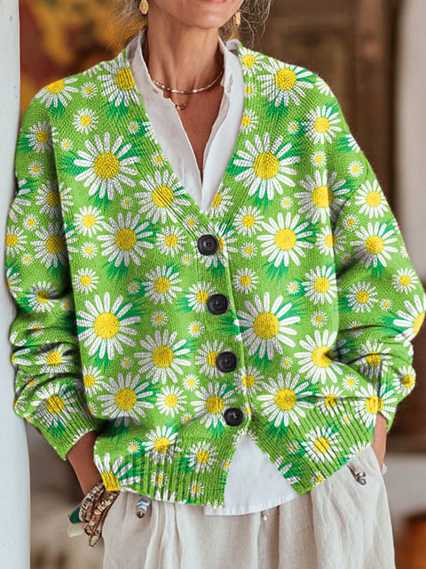Beautiful Cute Flower Painting Art Print Buttoned V-neck Cardigan Sweater