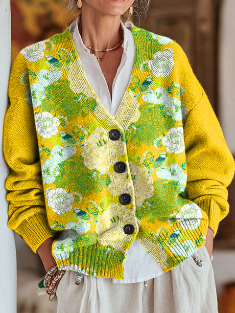 Beautiful Large Flower Painting Art Print Buttoned V-neck Cardigan Sweater