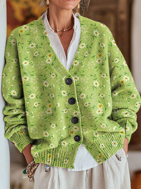 Beautiful Cute Small Floral Painting Art Print Buttoned V-neck Cardigan Sweater