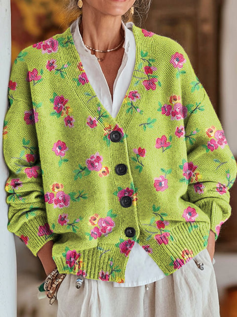 Beautiful Cute Small Floral Painting Art Print Buttoned V-neck Cardigan Sweater