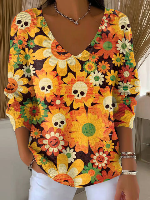 Women's Beautiful Halloween Floral Art Print Casual Pullover Sweater