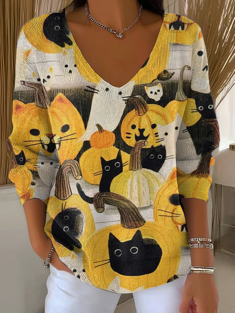 Women's Halloween Pumpkin Cat Drawing Art Print Casual Pullover Sweater