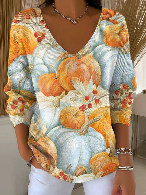 Women's Autumn Pumpkin Painting Art Print Casual Pullover Sweater