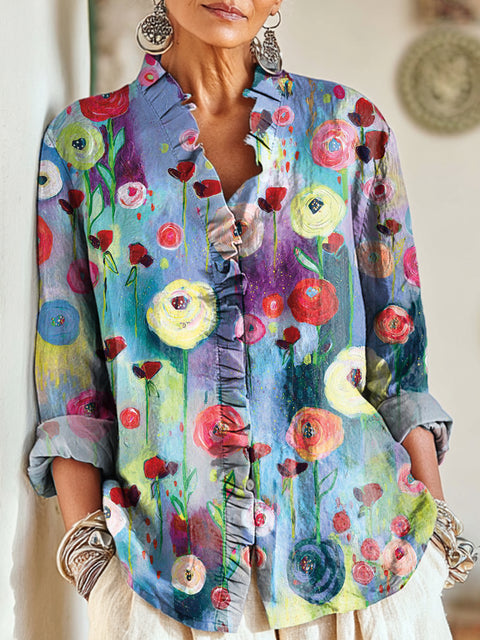 Women's Beautiful Colorful Flower Painting Art Print Casual Cotton And Linen Ruffle Shirt