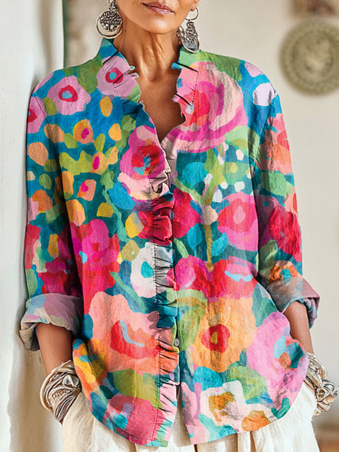 Women's Beautiful Colorful Flower Painting Art Print Casual Cotton And Linen Ruffle Shirt