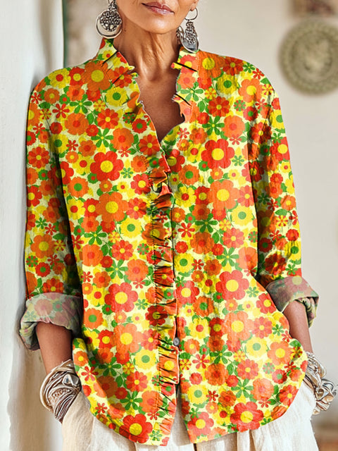 Women's Small Floral Painting Art Print Casual Cotton And Linen Ruffle Shirt
