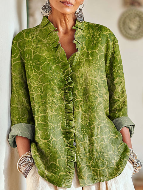 Women's Abstract Green Floral Painting Art Print Casual Cotton And Linen Ruffle Shirt
