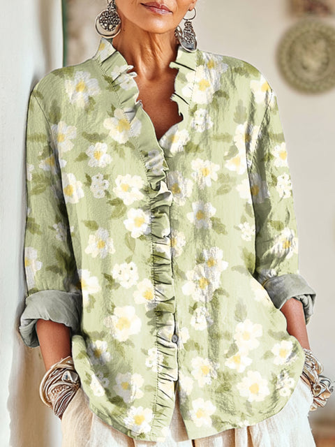 Women's Cute Small Flower Painting Art Print Casual Cotton And Linen Ruffle Shirt
