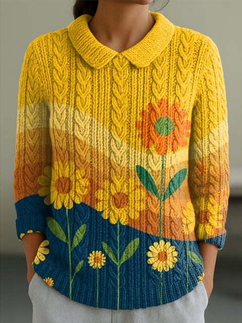 Women's Beautiful Sunflower Flower Painting Art Print Casual Peter Pan Collar 3/4 Sleeve Sweater