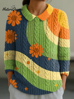 Women's Sunflower Floral Colorful Stripes Painting Art Print Casual Peter Pan Collar 3/4 Sleeve Sweater