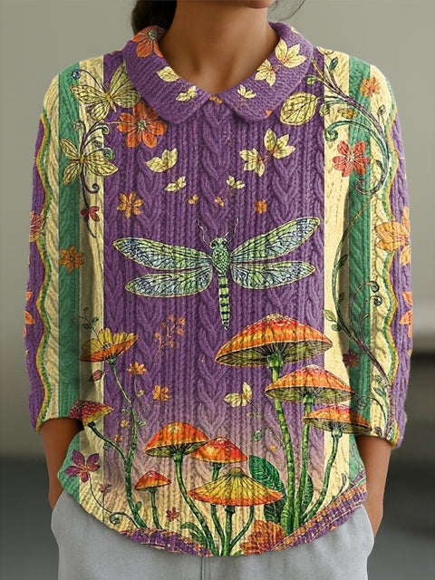 Women's Beautiful Psychedelic Butterfly Flowers Mushrooms Illustration Art Print Casual Peter Pan Collar 3/4 Sleeve Sweater