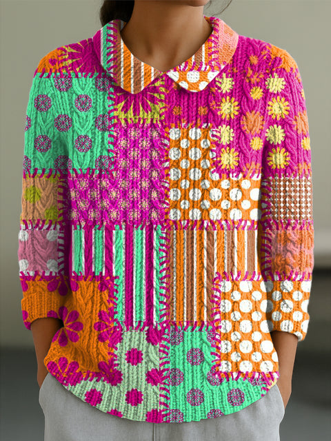 Women's Beautiful Colorful Geometric Plaid Splicing Art Print Casual Peter Pan Collar 3/4 Sleeve Sweater