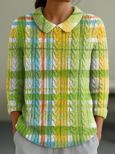 Women's Beautiful Colorful Striped Painting Art Print Casual Peter Pan Collar 3/4 Sleeve Sweater