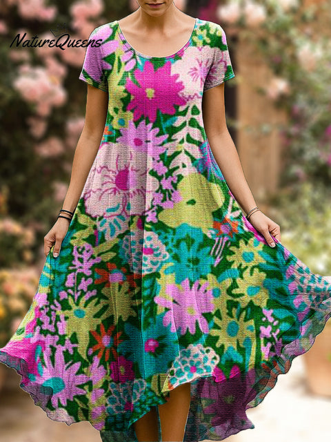 Women's Beautiful Colorful Large Flower Painting Art Print Sleeveless Cotton Pocket Dress
