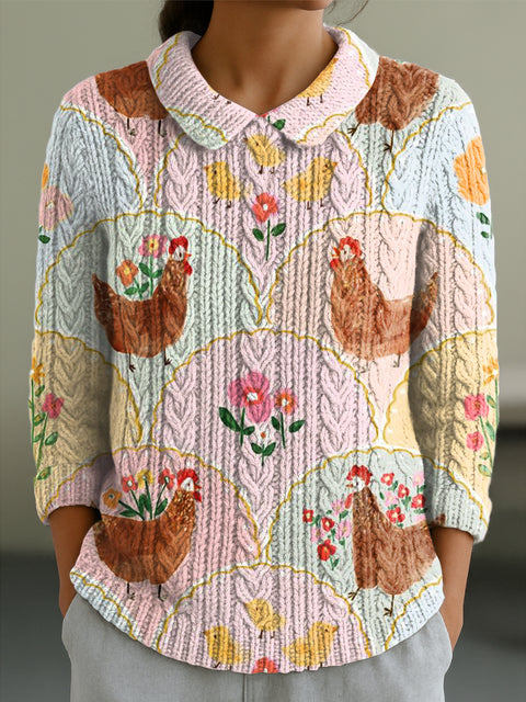 Women's Cute Floral Chick Art Print Casual Peter Pan Collar 3/4 Sleeve Sweater