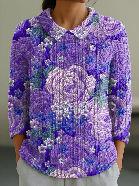 Women's Beautiful Large Purple Rose Flower Painting Art Print Casual Peter Pan Collar 3/4 Sleeve Sweater