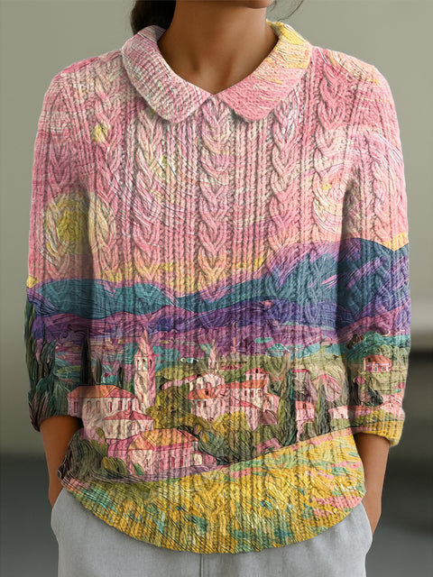 Women's Beautiful Colorful Abstract Landscape Painting Art Print Casual Peter Pan Collar 3/4 Sleeve Sweater