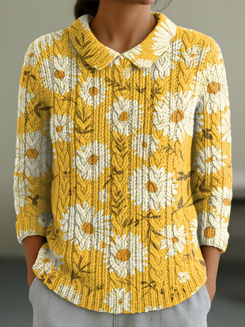 Women's Cute Sunflower Painting Art Print Casual Peter Pan Collar 3/4 Sleeve Sweater