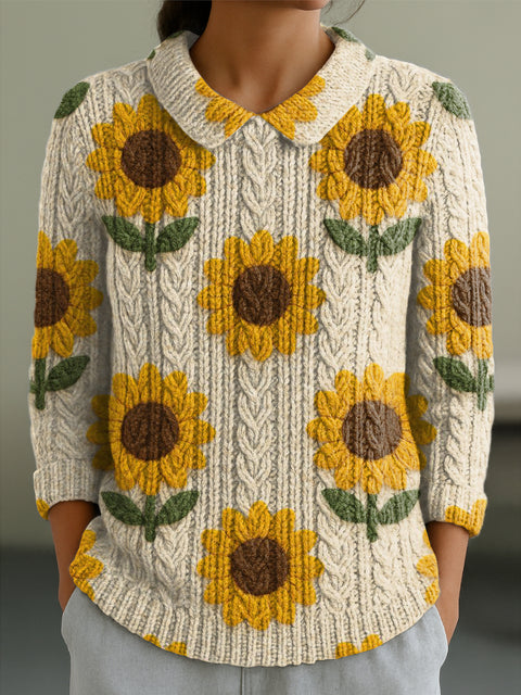 Women's Cute Sunflower Painting Art Print Casual Peter Pan Collar 3/4 Sleeve Sweater