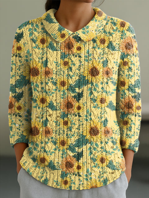 Women's Cute Sunflower Painting Art Print Casual Peter Pan Collar 3/4 Sleeve Sweater