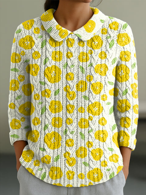 Women's Cute Yellow Small Floral Painting Art Print Casual Peter Pan Collar 3/4 Sleeve Sweater