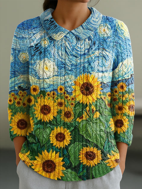 Women's Abstract Sky And Sunflowers Painting Art Print Casual Peter Pan Collar 3/4 Sleeve Sweater