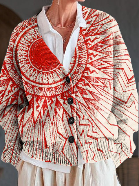 Ethnic Abstract Sun Painting Art Print Buttoned V-neck Cardigan Sweater