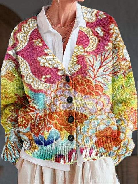 Beautiful Abstract Floral Painting Art Print Buttoned V-neck Cardigan Sweater