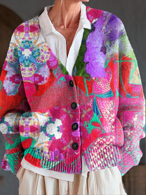 Beautiful Abstract Floral Painting Art Print Buttoned V-neck Cardigan Sweater