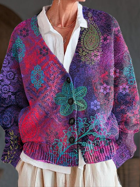 Beautiful Ethnic Floral Painting Art Print Buttoned V-neck Cardigan Sweater