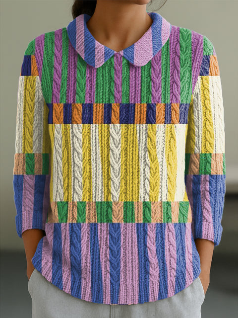 Women's Colorful Geometric Stripes Painting Art Print Casual Peter Pan Collar 3/4 Sleeve Sweater
