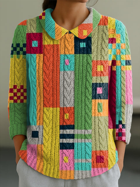 Women's Abstract Colorful Geometric Plaid Painting Art Print Casual Peter Pan Collar 3/4 Sleeve Sweater